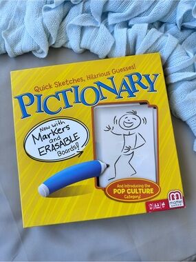 Mattel Pictionary Board Game Box in Yellow with Pens and Whiteboards